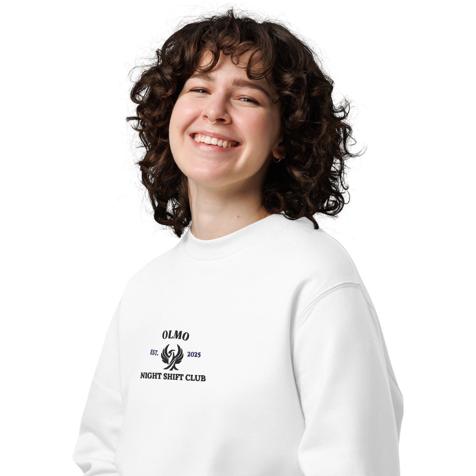 Sweatshirt avec logo Night Shift Club et OLMO lux.
