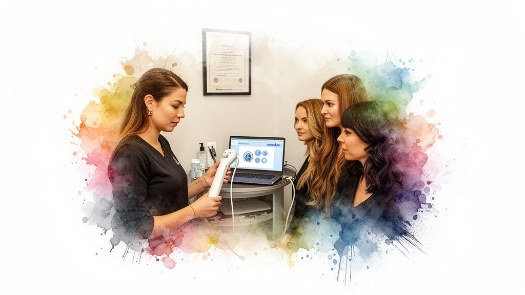 Um profissional demonstra equipamento avançado de salão de beleza a três mulheres atentas com um computador portátil.