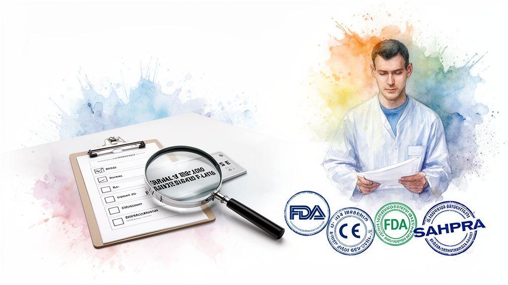 Magnifying glass over checklist for medical equipment inspection.