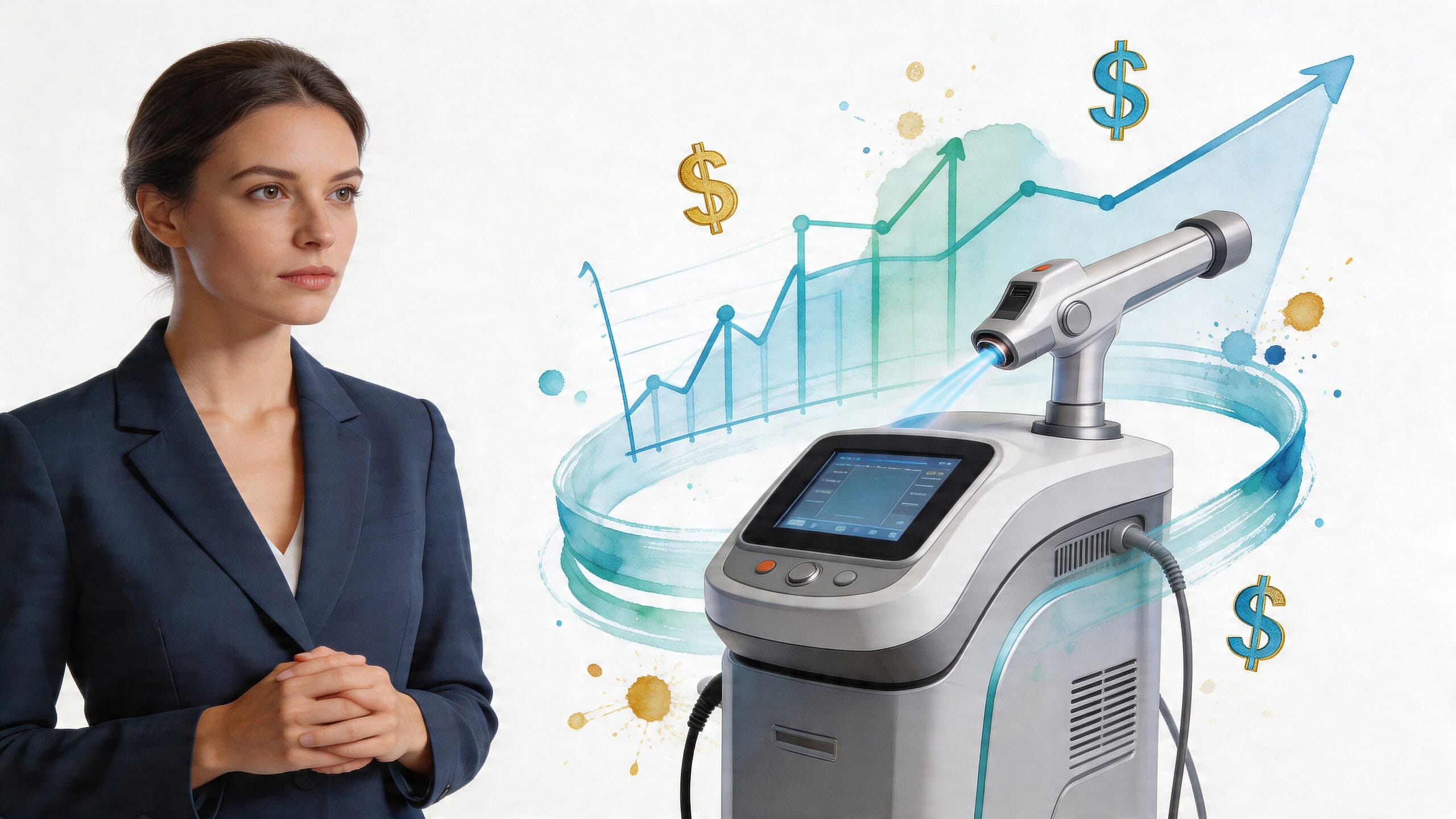 A professional businesswoman looks at a modern medical laser machine with financial growth charts and dollar signs.