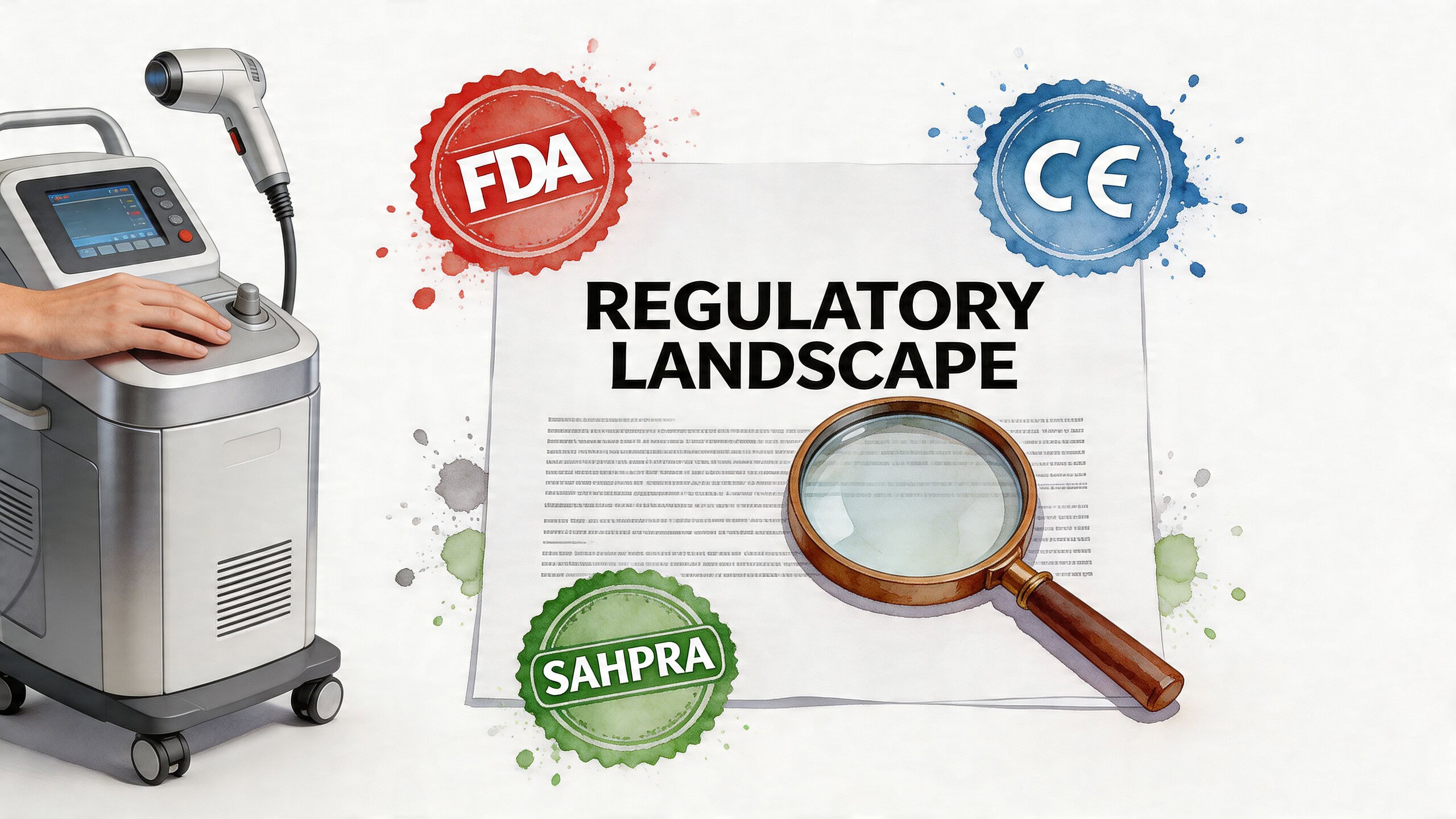 A laser hair removal machine beside a paper labeled Regulatory Landscape with FDA, CE, and SAHPRA stamps.