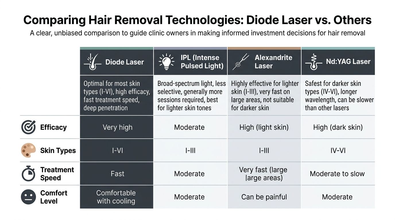 A comparison table showcasing the efficacy, skin types, treatment speed, and comfort levels of four hair removal technologies.