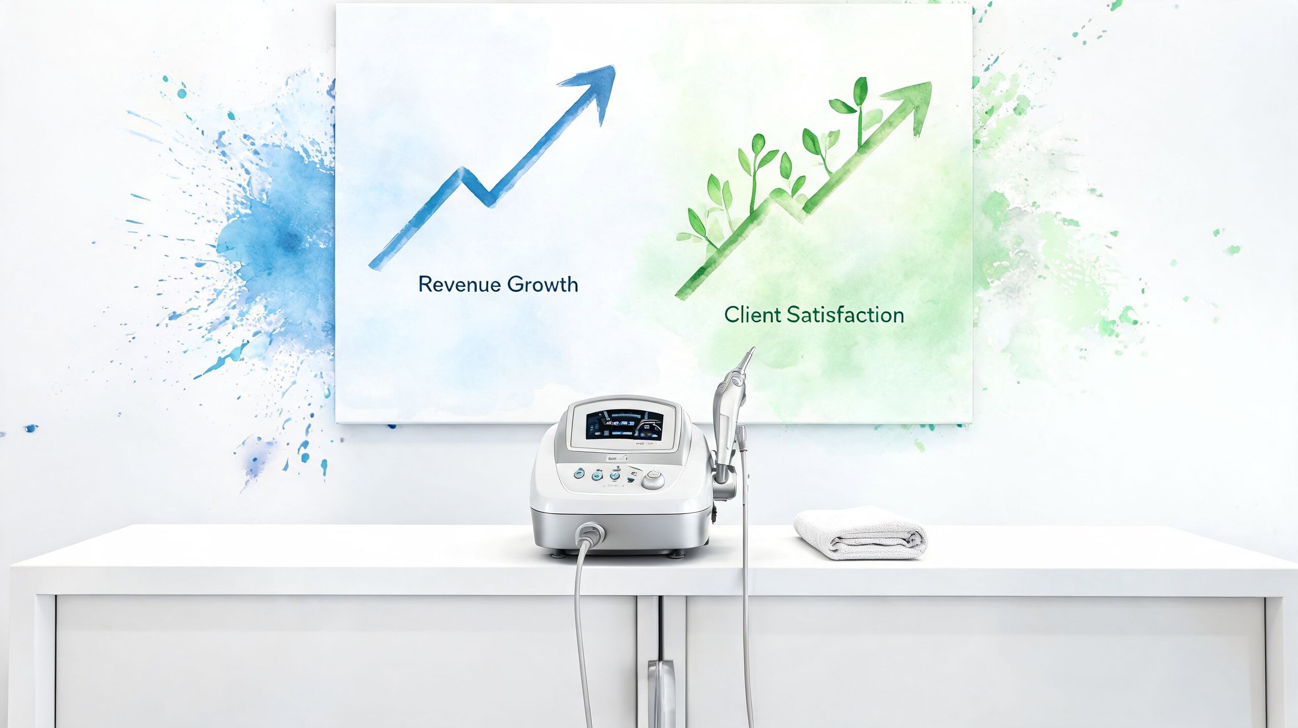 A professional high frequency facial machine placed on a white table with motivational growth charts behind.