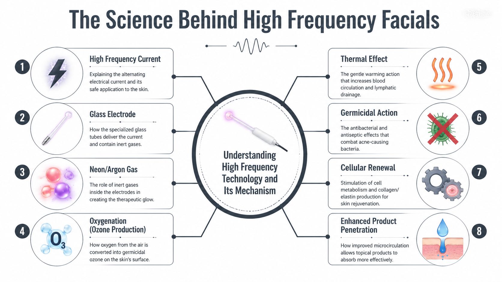 An infographic titled The Science Behind High Frequency Facials explaining how high frequency machines work on skin.