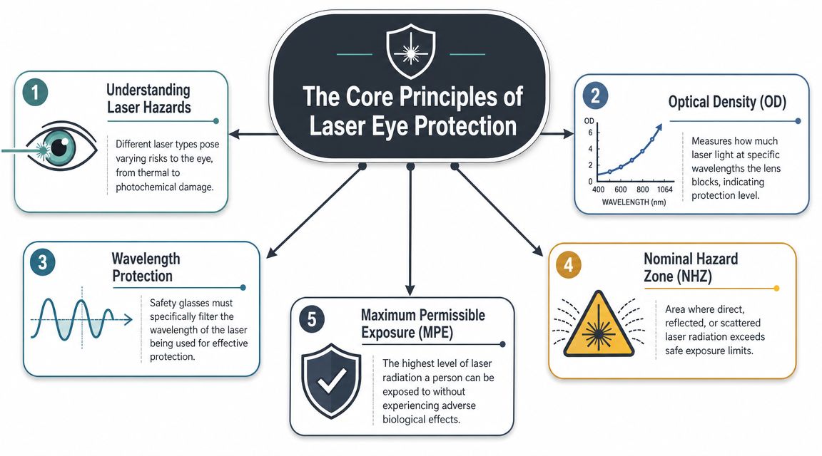 An infographic showing the five core principles of laser eye protection and safety for workplace operators.