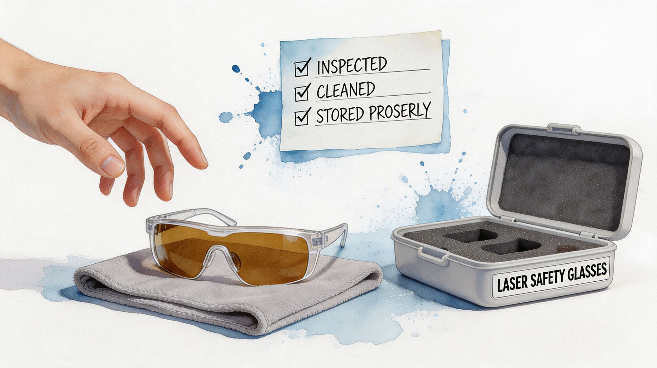 A hand reaching for laser safety glasses placed on a cleaning cloth next to their storage case.