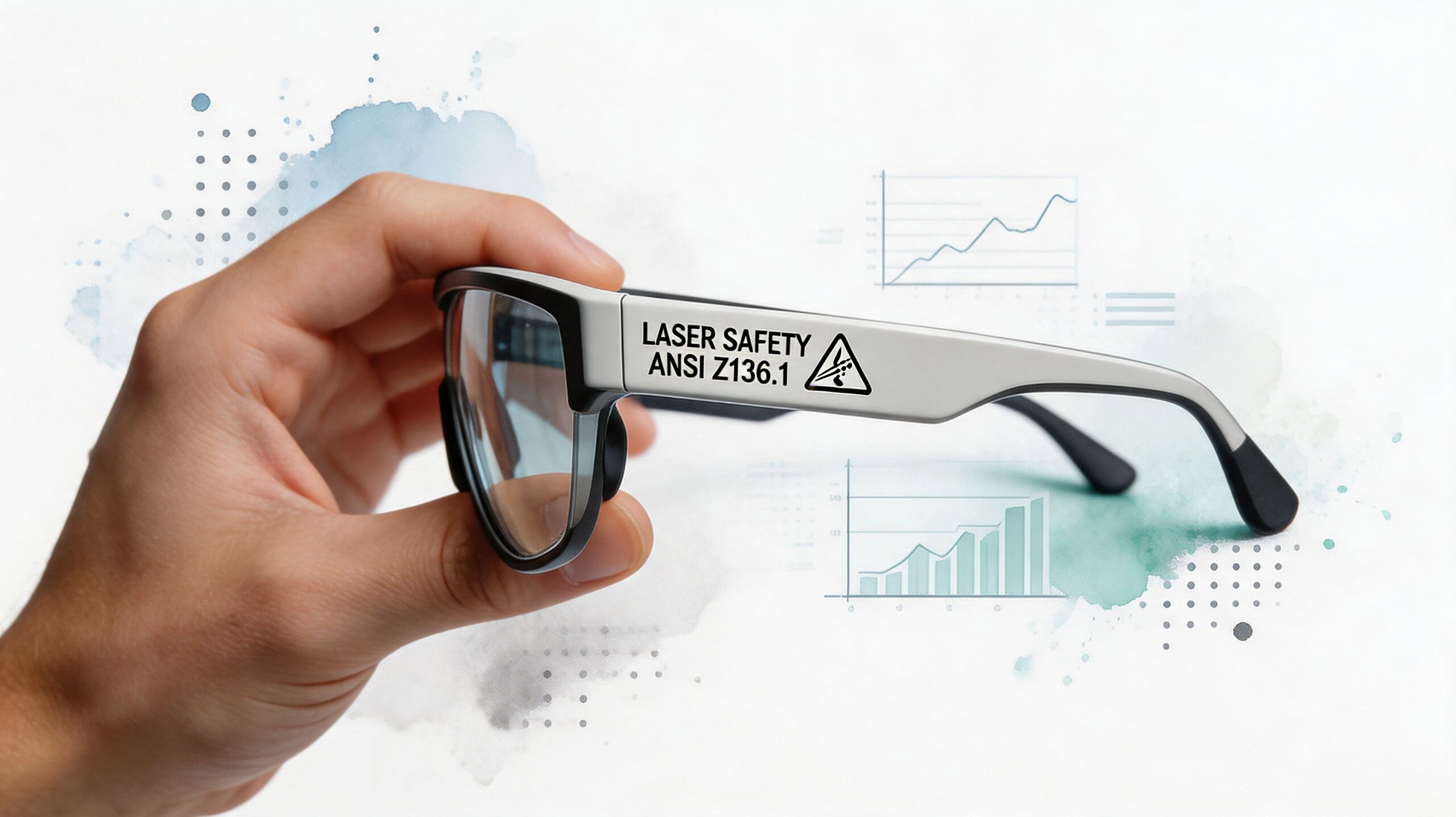 A hand holding a pair of protective laser safety glasses with technical charts in the background.