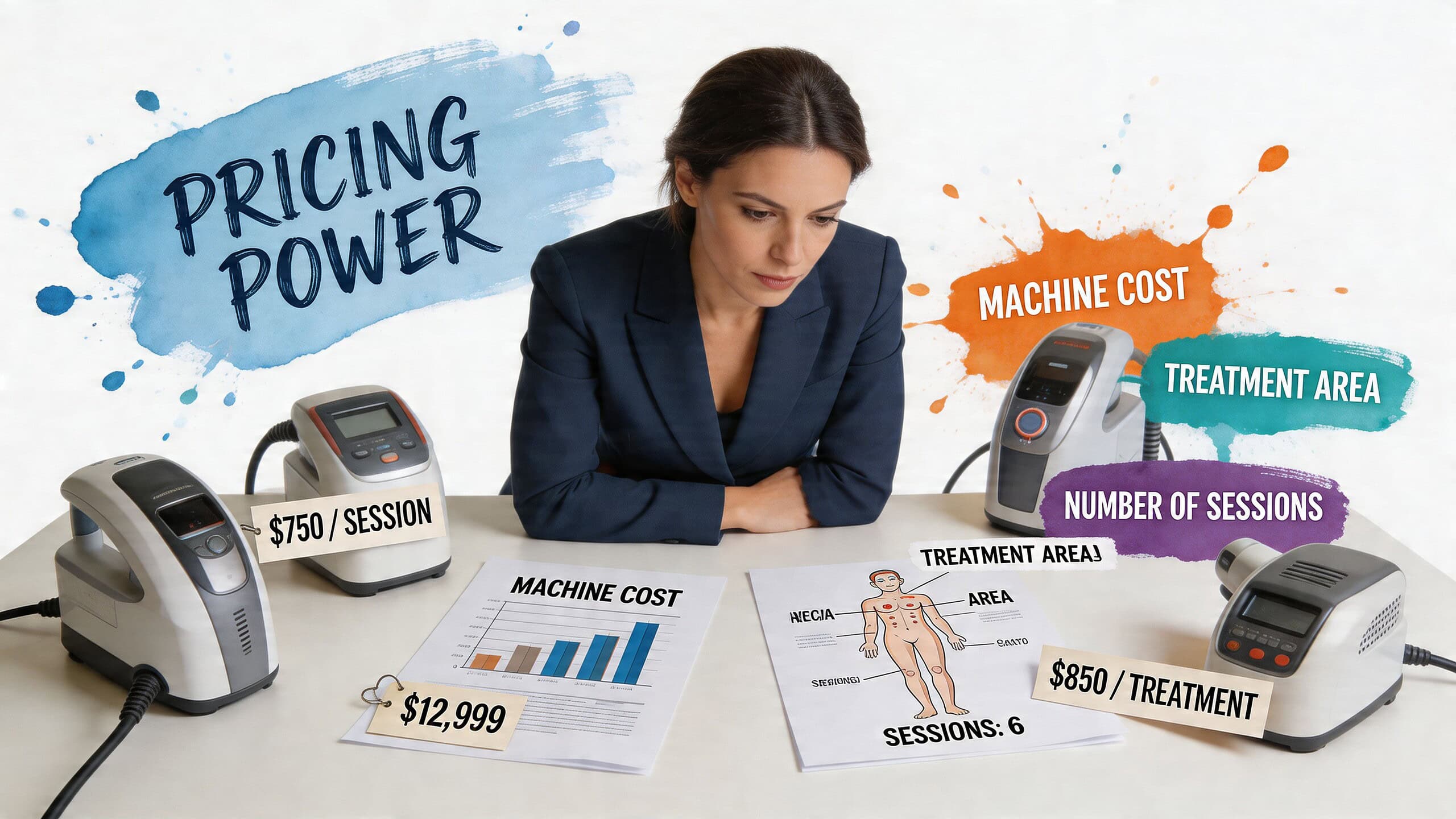 A professional woman analyzing pricing and session data for cosmetic laser hair removal equipment at a desk.