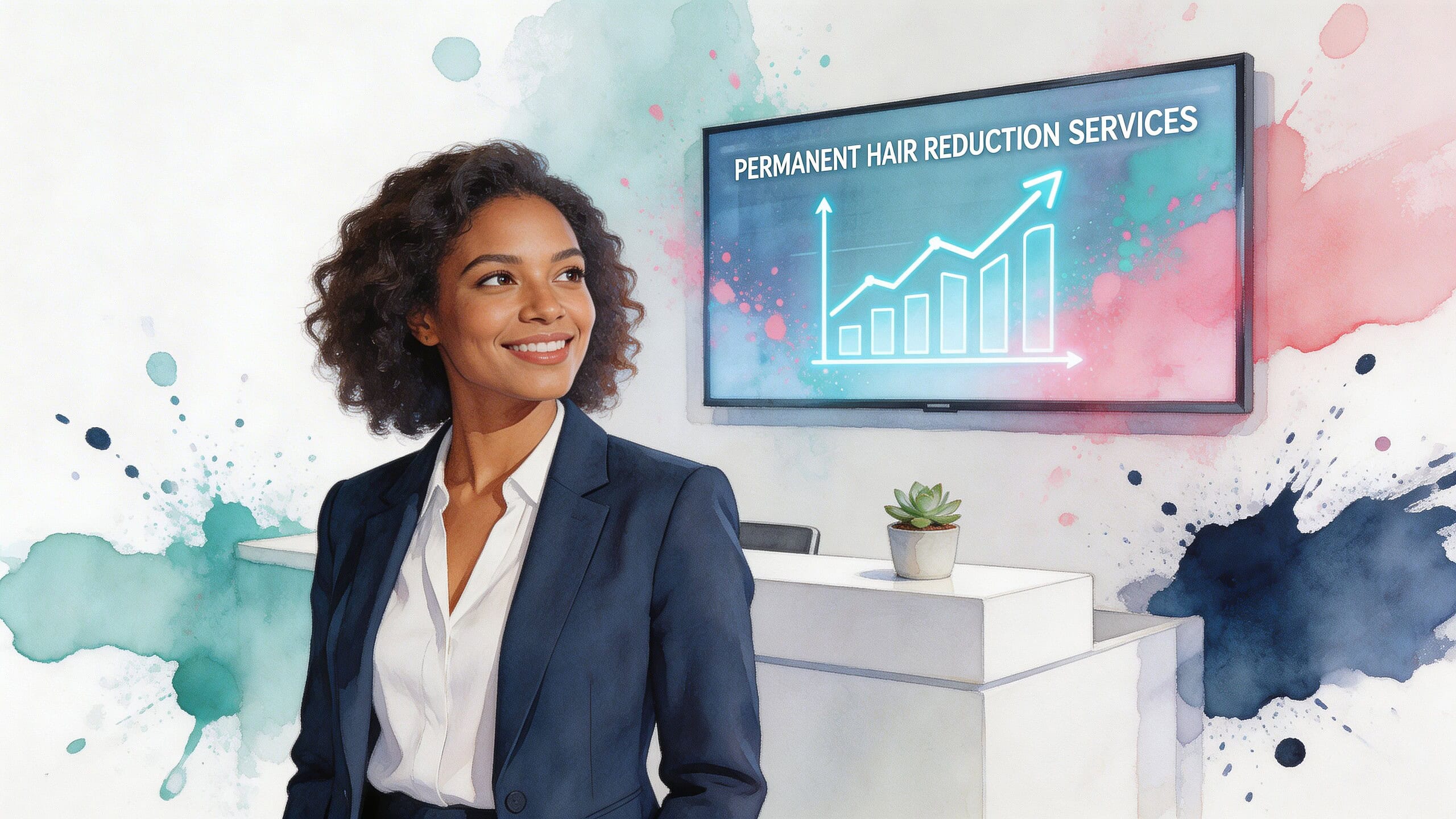 Woman smiling in a clinic with a screen displaying permanent hair reduction graph.