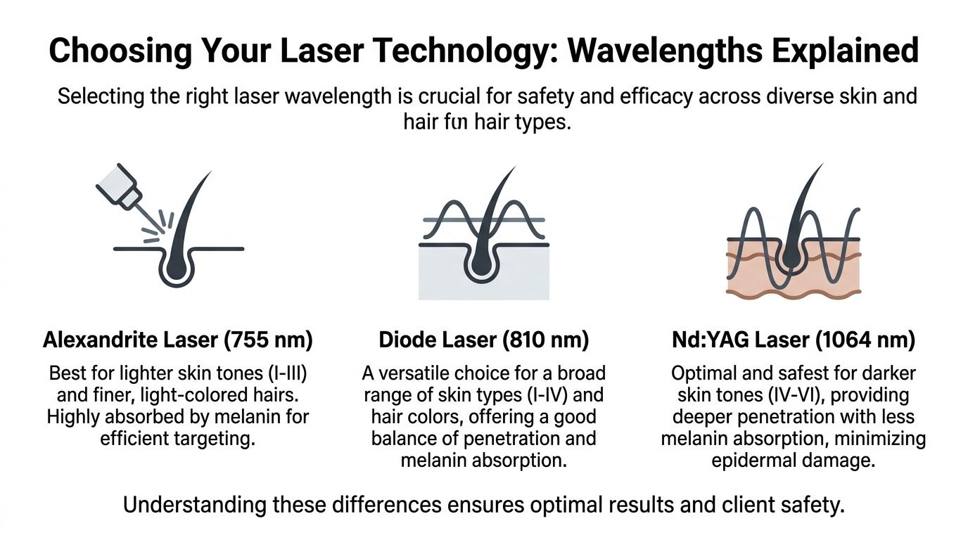 An infographic comparing different laser hair removal technologies, including Alexandrite, Diode, and Nd:YAG laser wavelengths and their applications.