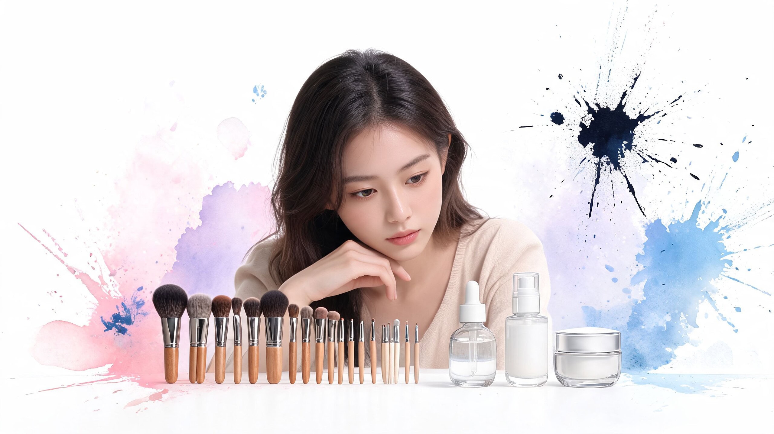 Woman with skincare products and makeup brushes, promoting skin care and beauty treatments.