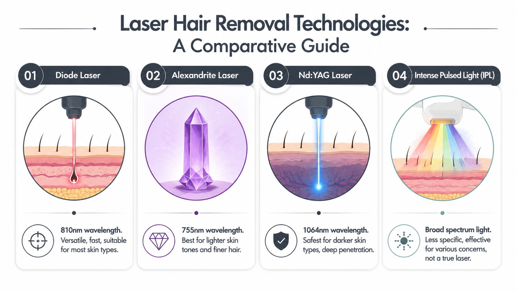 Diagram of laser hair removal technologies including diode, alexandrite, Nd:YAG, and IPL.