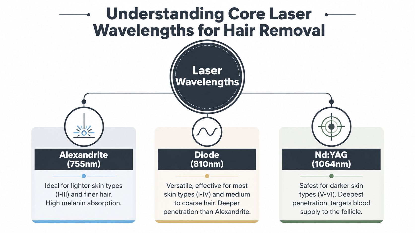 Um diagrama que compara três comprimentos de onda de laser: alexandrita, díodo e Nd:YAG, para tratamentos eficazes de depilação.