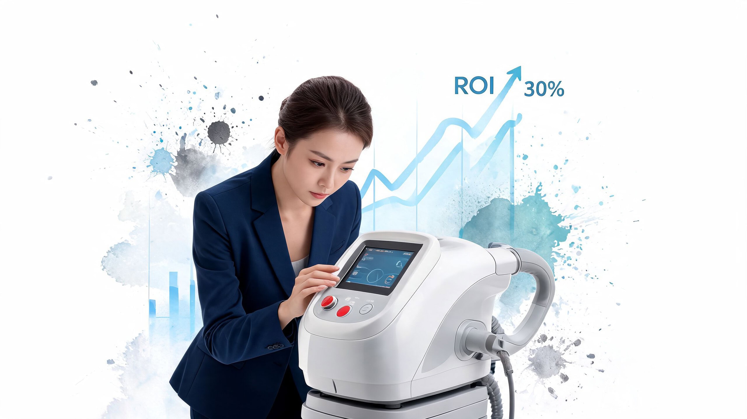 A professional woman in a suit operating an intense pulsed light hair removal machine with business graphics.