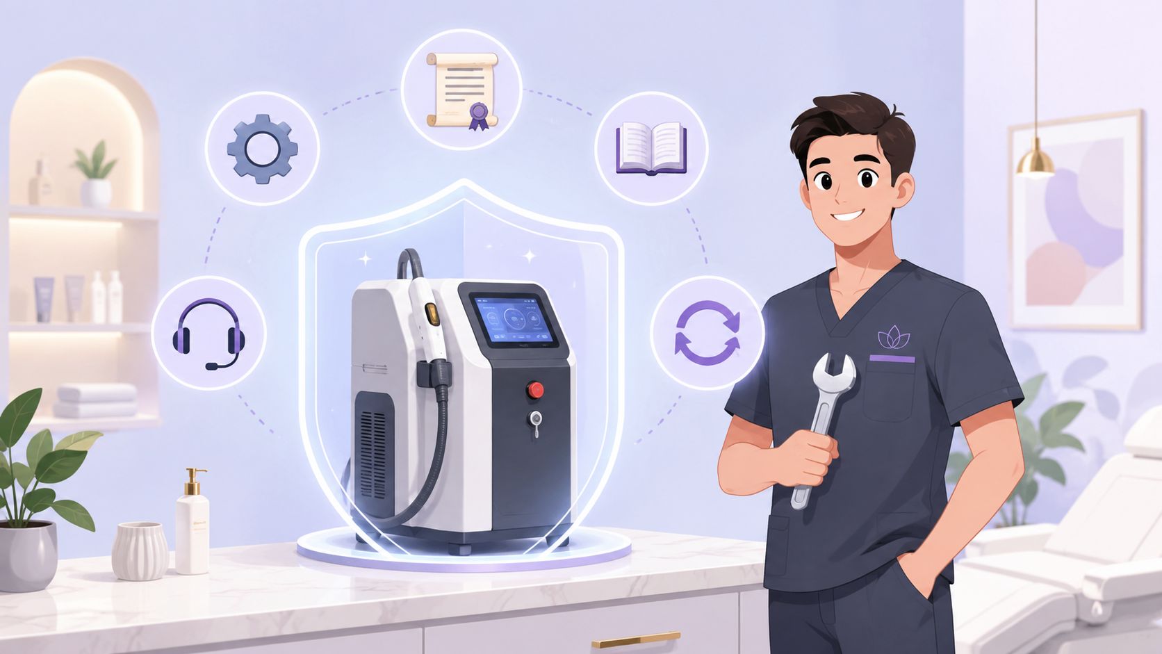 Dispositivo médico estético Modern Omega Lasers com um técnico num ambiente clínico.