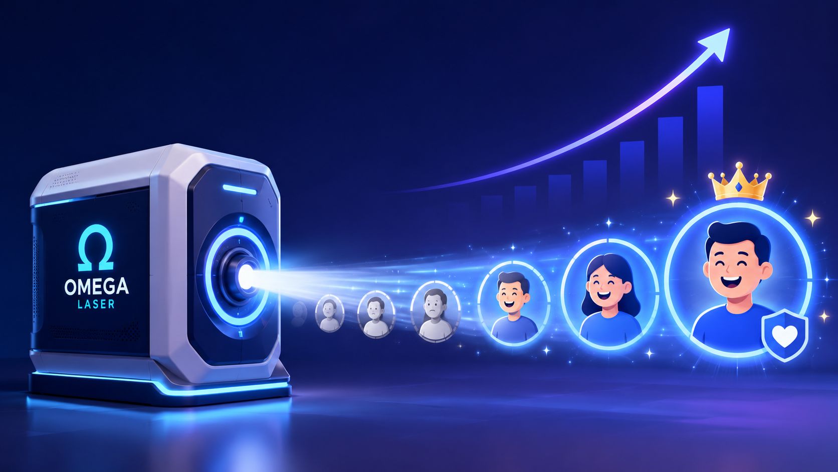 A futuristic Omega laser device projecting light to transform grey human silhouettes into vibrant, happy, and successful individuals.