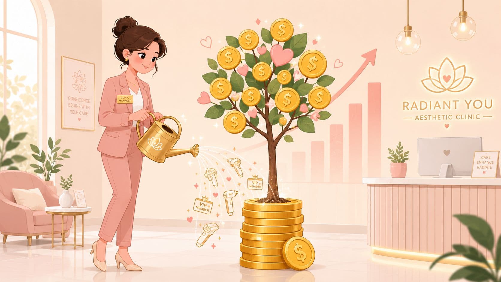 Empresária a regar uma árvore do dinheiro com moedas de ouro na Omega Lasers.