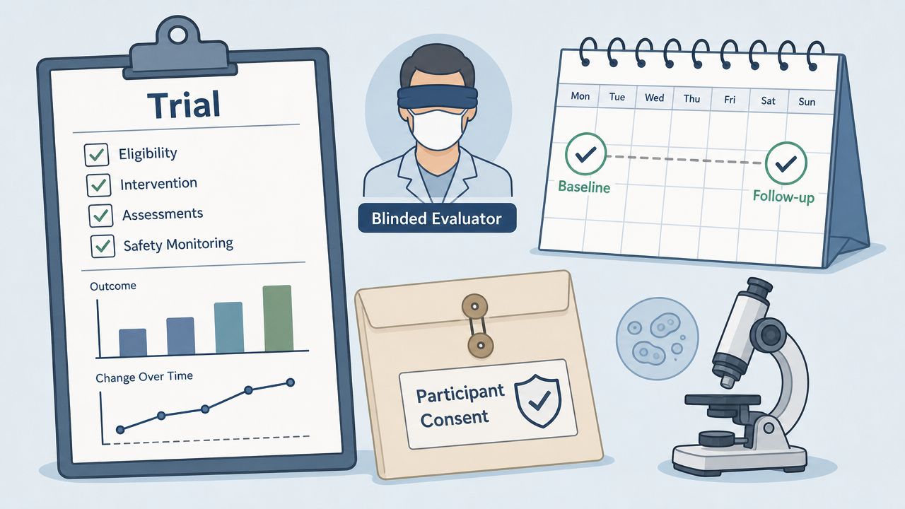 An illustration showing various components of a clinical trial including a checklist, blinded evaluator, timeline, and microscope.