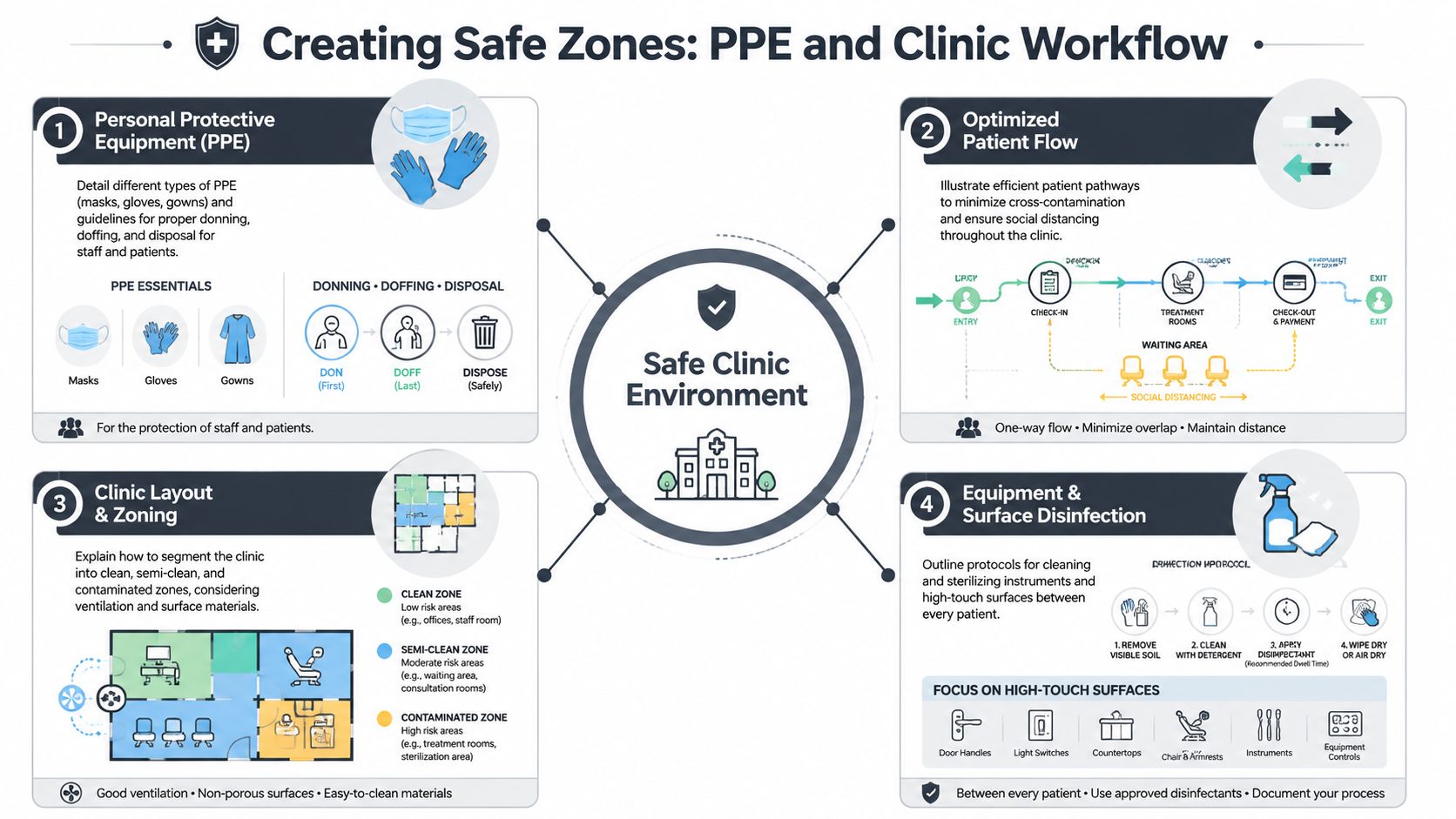 Um infográfico que ilustra quatro estratégias fundamentais para criar um ambiente clínico seguro, com vista a prevenir a propagação de infeções.