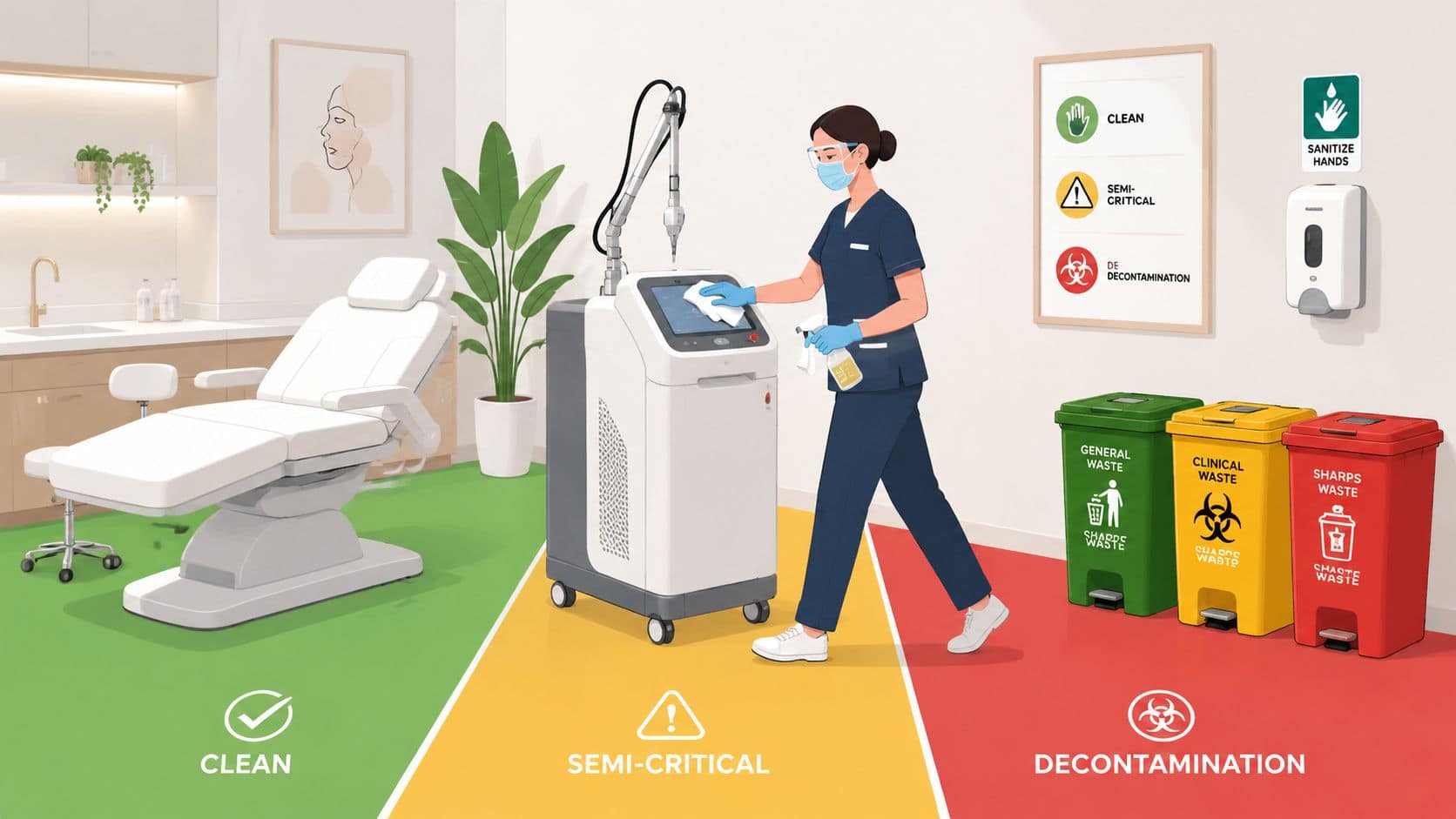 Profissional de saúde a utilizar um aparelho a laser num ambiente clínico higiénico.