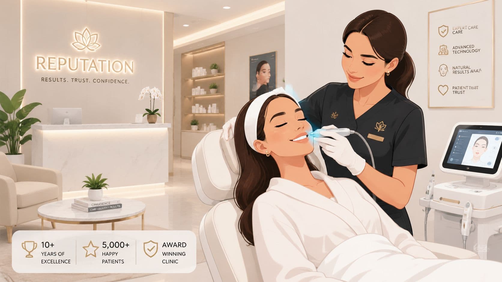 Uma esteticista profissional realiza um tratamento facial numa paciente relaxada, num ambiente clínico moderno.