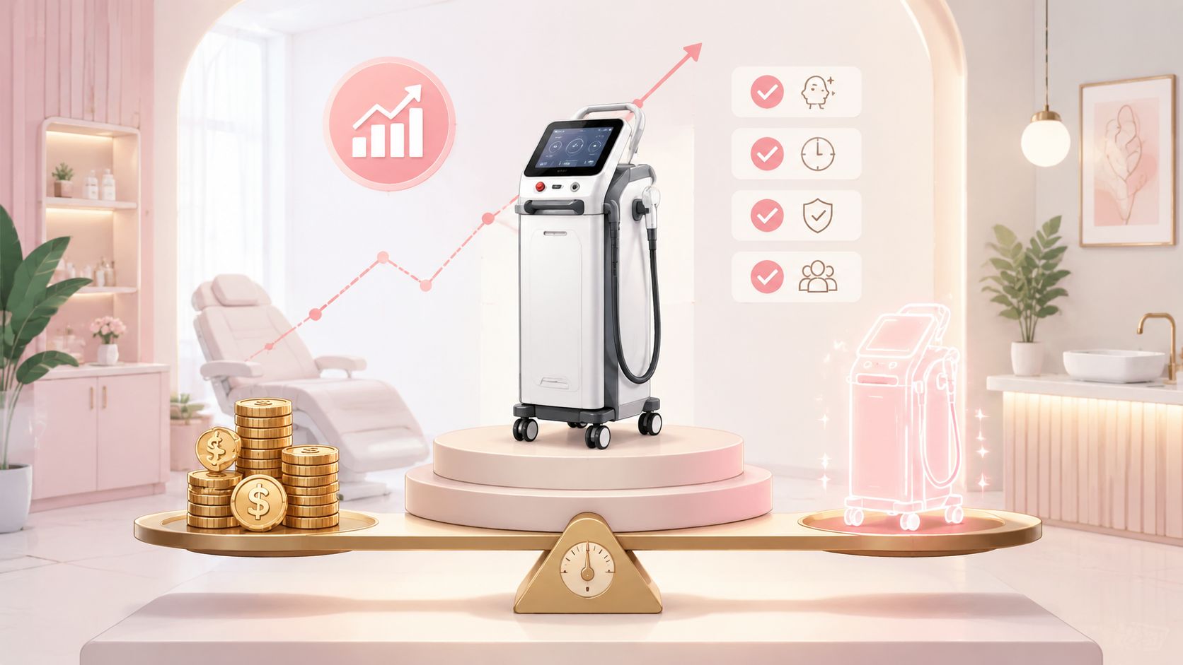 Omega Lasers device for skin rejuvenation and hair removal in a modern clinic.