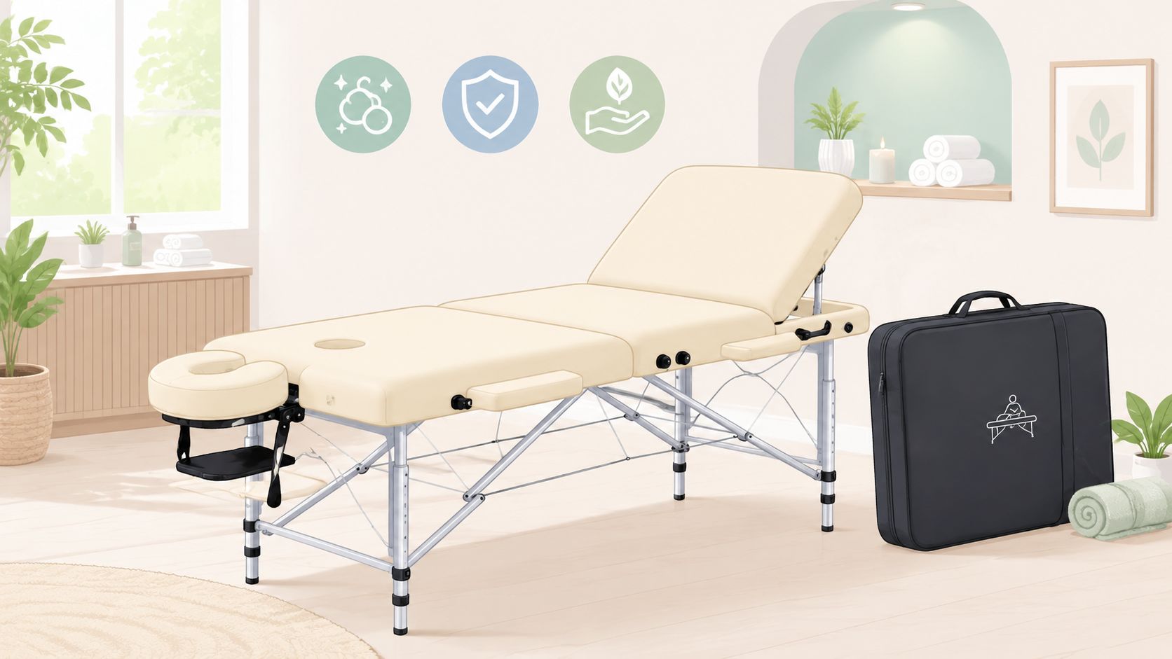 Mesa de massagem com apoio para a cabeça ajustável e estrutura robusta para tratamentos profissionais. Ideal para...