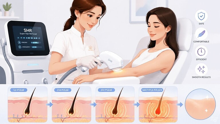 Sessão profissional de depilação a laser na clínica Omega Lasers, com um técnico especializado.
