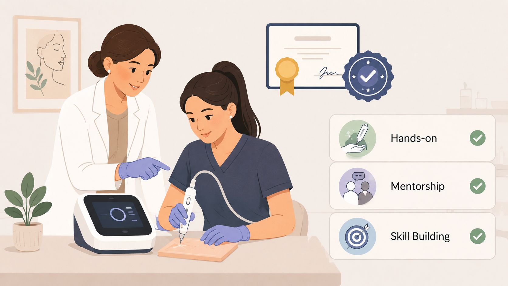 Um formador profissional a orientar um aluno durante uma sessão prática de formação em procedimentos cosméticos com equipamento especializado.