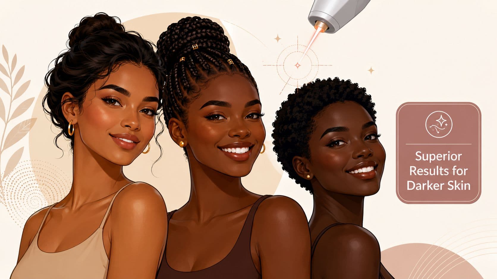 Three women with dark skin smiling, showcasing results of laser skin treatment for darker skin tones.
