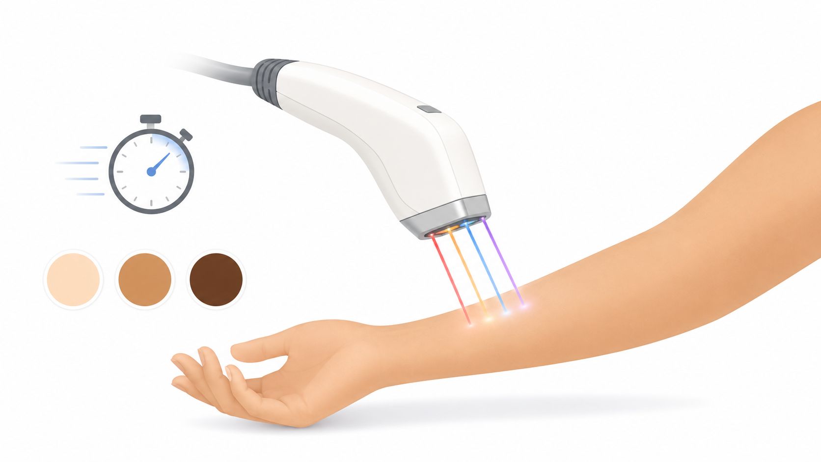 A handheld laser hair removal device treating an arm, showing speed and suitability for various skin tones.