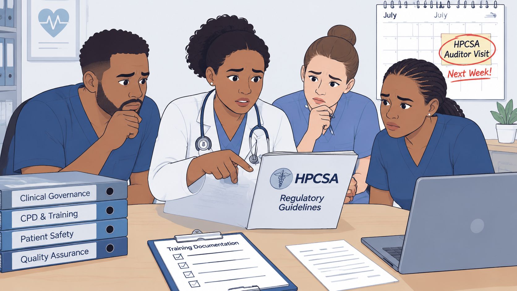 A team of concerned healthcare professionals reviewing regulatory guidelines in preparation for an upcoming professional audit.