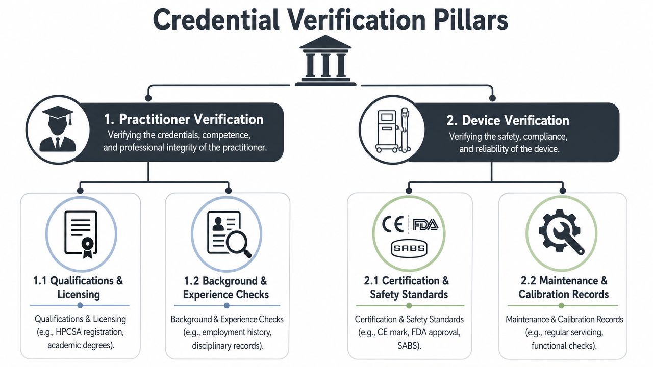 A diagram outlining two main pillars of credential verification: practitioner verification and medical device verification.