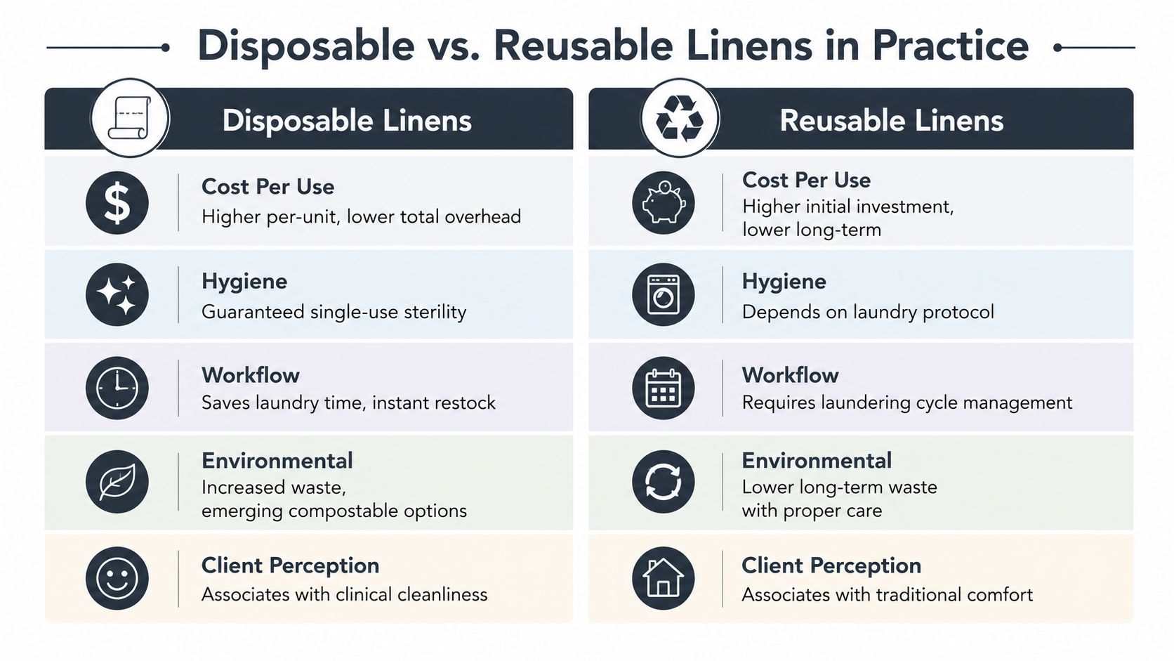 A comparison chart outlining the pros and cons of disposable versus reusable linens in professional practice settings.
