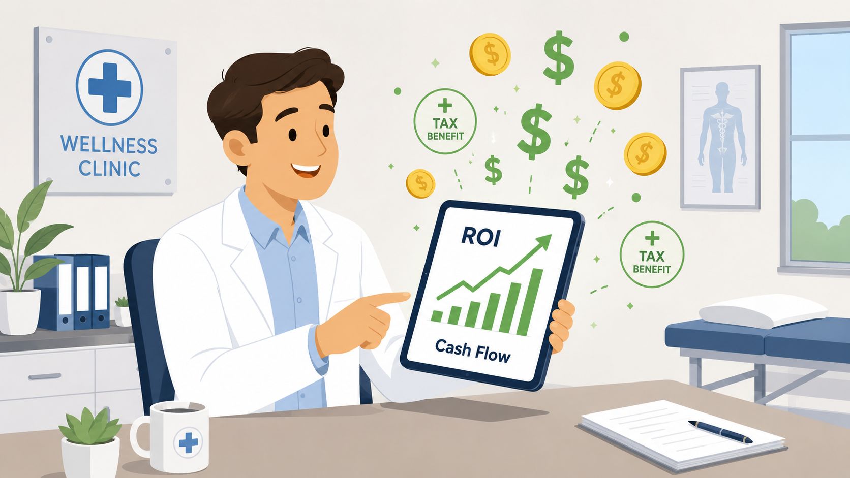 A smiling doctor in a clinic pointing to a tablet showing increasing ROI and cash flow graphs.