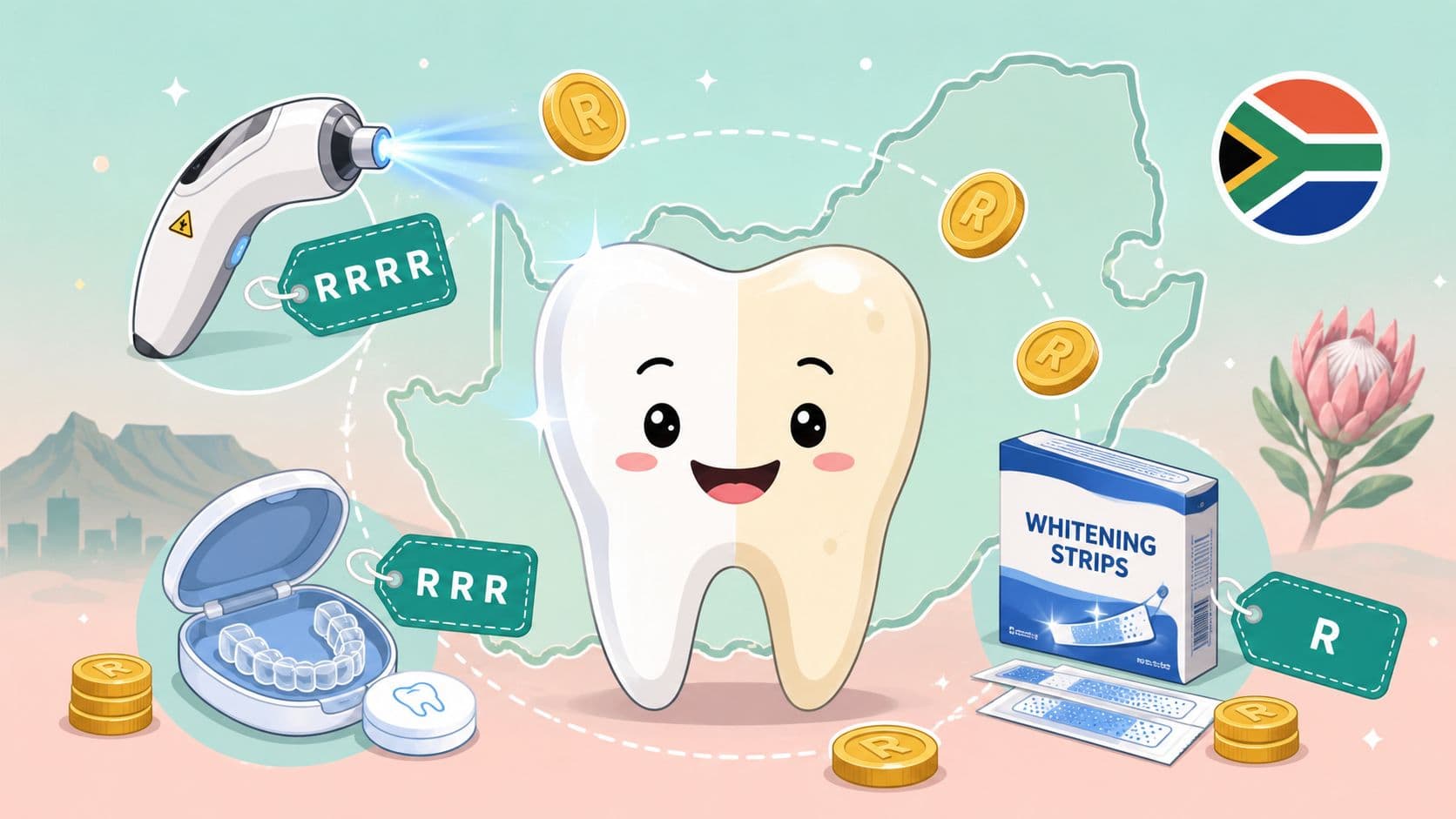 Aparelho de branqueamento dentário a laser com um dente sorridente e a bandeira da África do Sul.