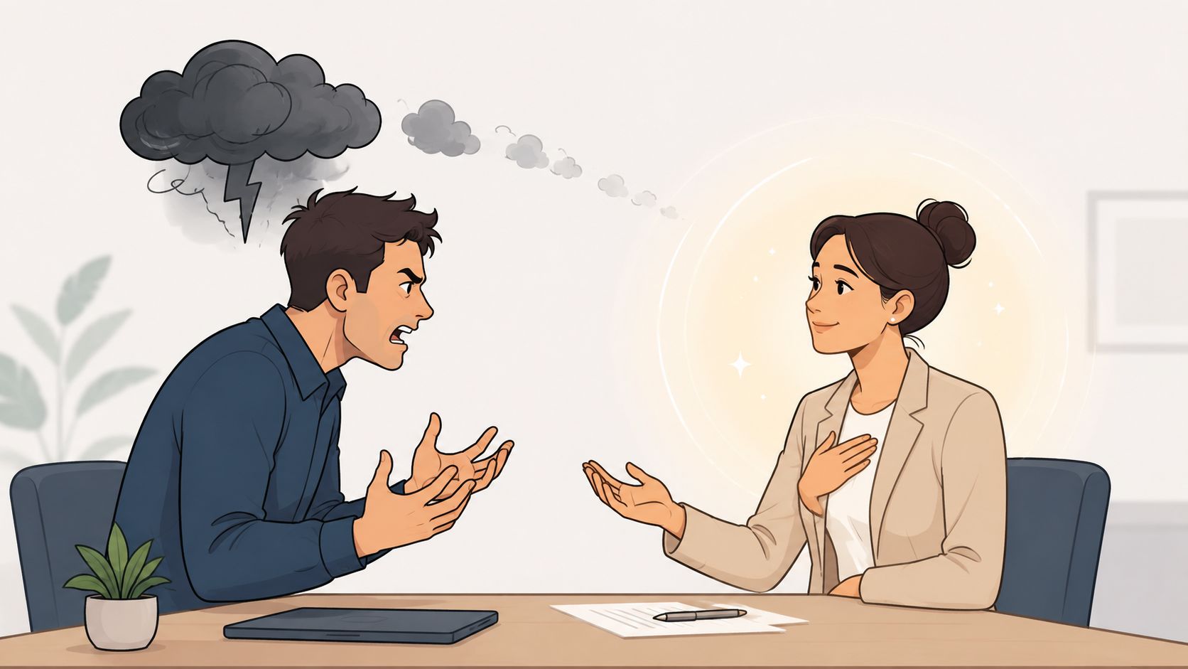 An illustration showing an angry client yelling at a calm and composed business professional during a meeting.
