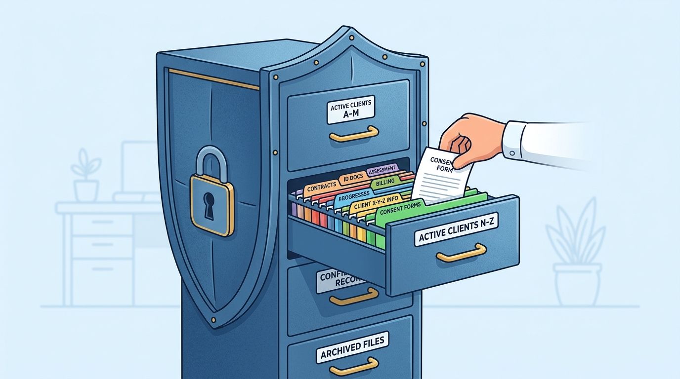 A hand pulling a consent form from a secure file cabinet labeled Active Clients N-Z.