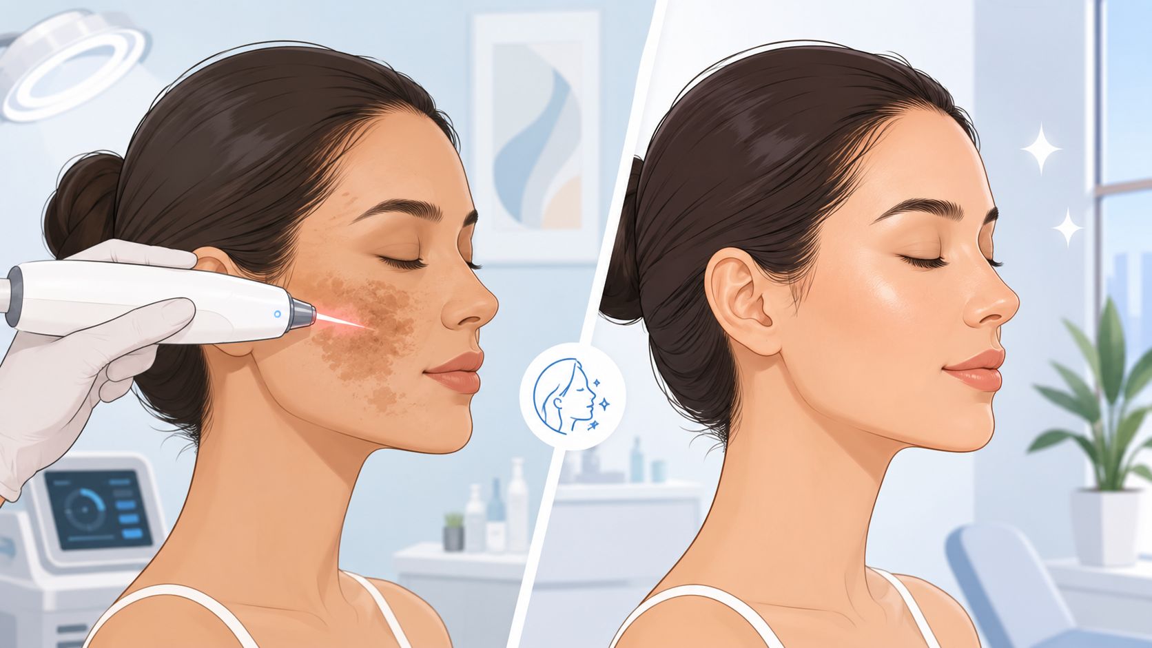 Woman receiving laser skin treatment for pigmentation at Omega Lasers.
