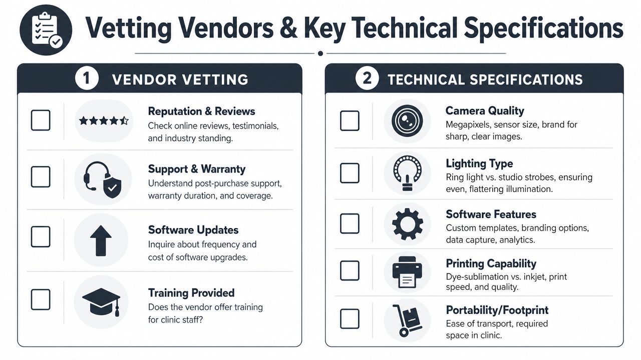 An infographic checklist for vetting photo booth vendors and evaluating important technical equipment specifications.