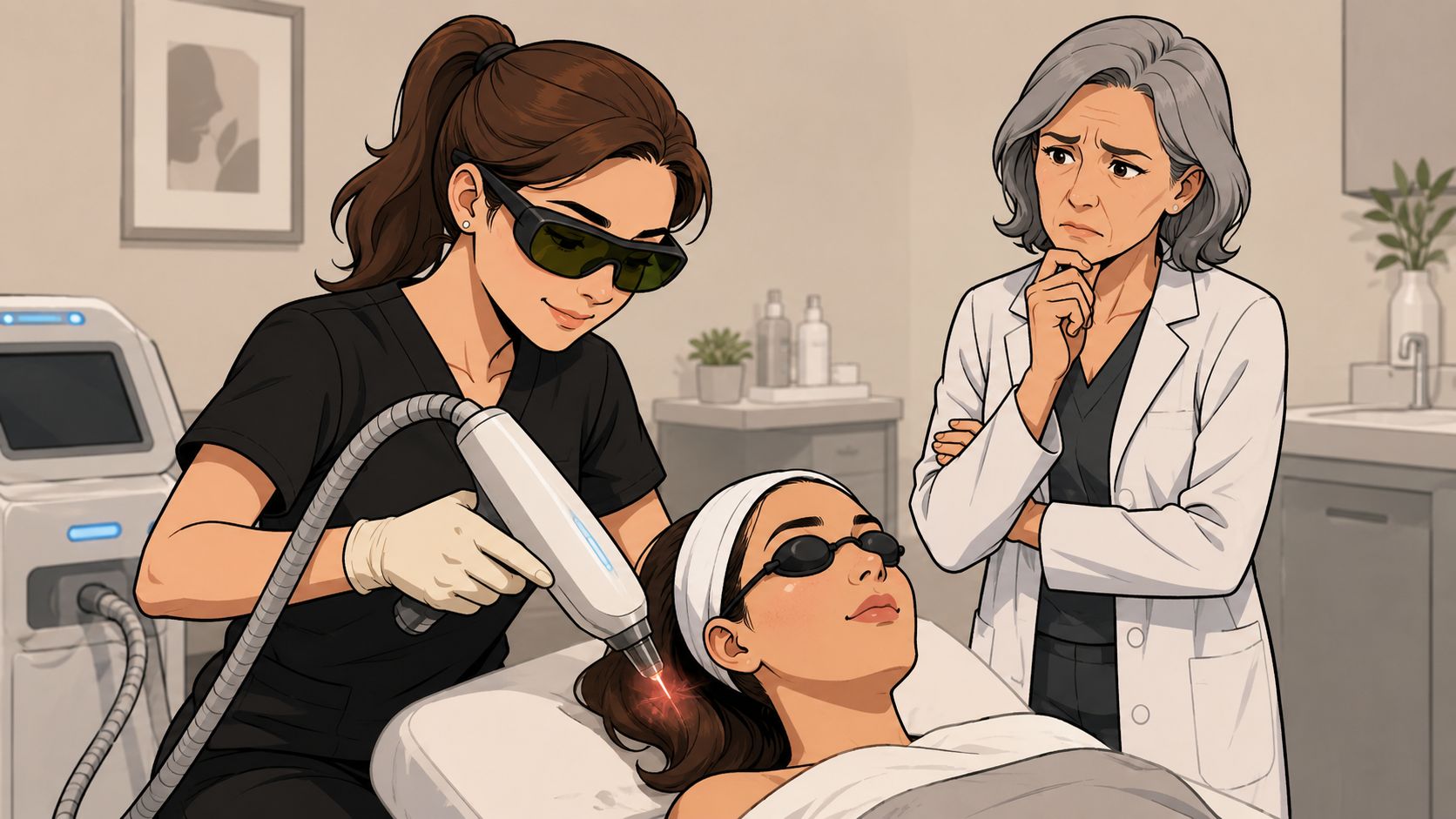 A professional clinician performs a laser hair removal procedure while a senior doctor observes the treatment session.