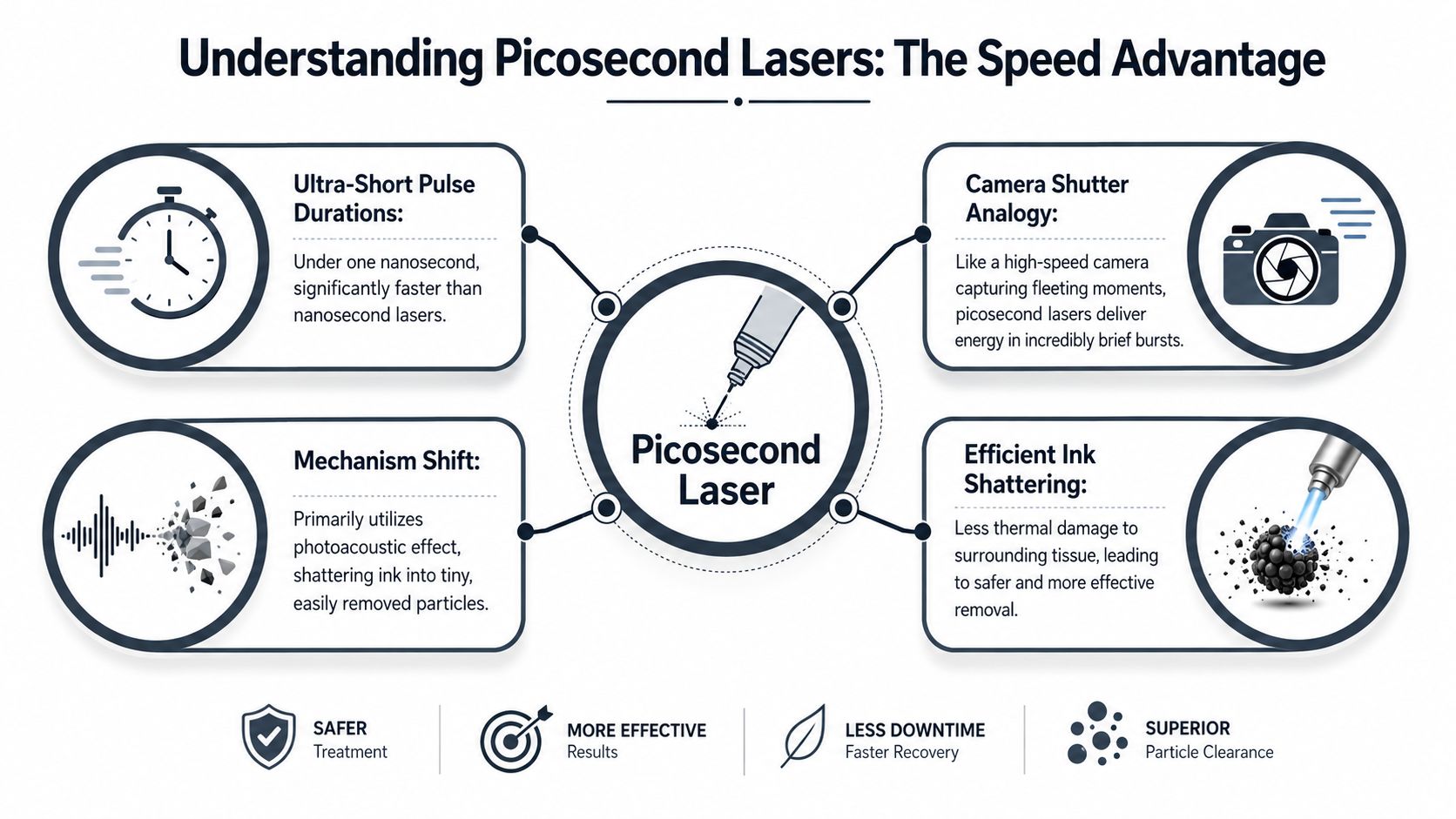 An infographic explaining the benefits of picosecond laser technology for effective and safe tattoo removal procedures.