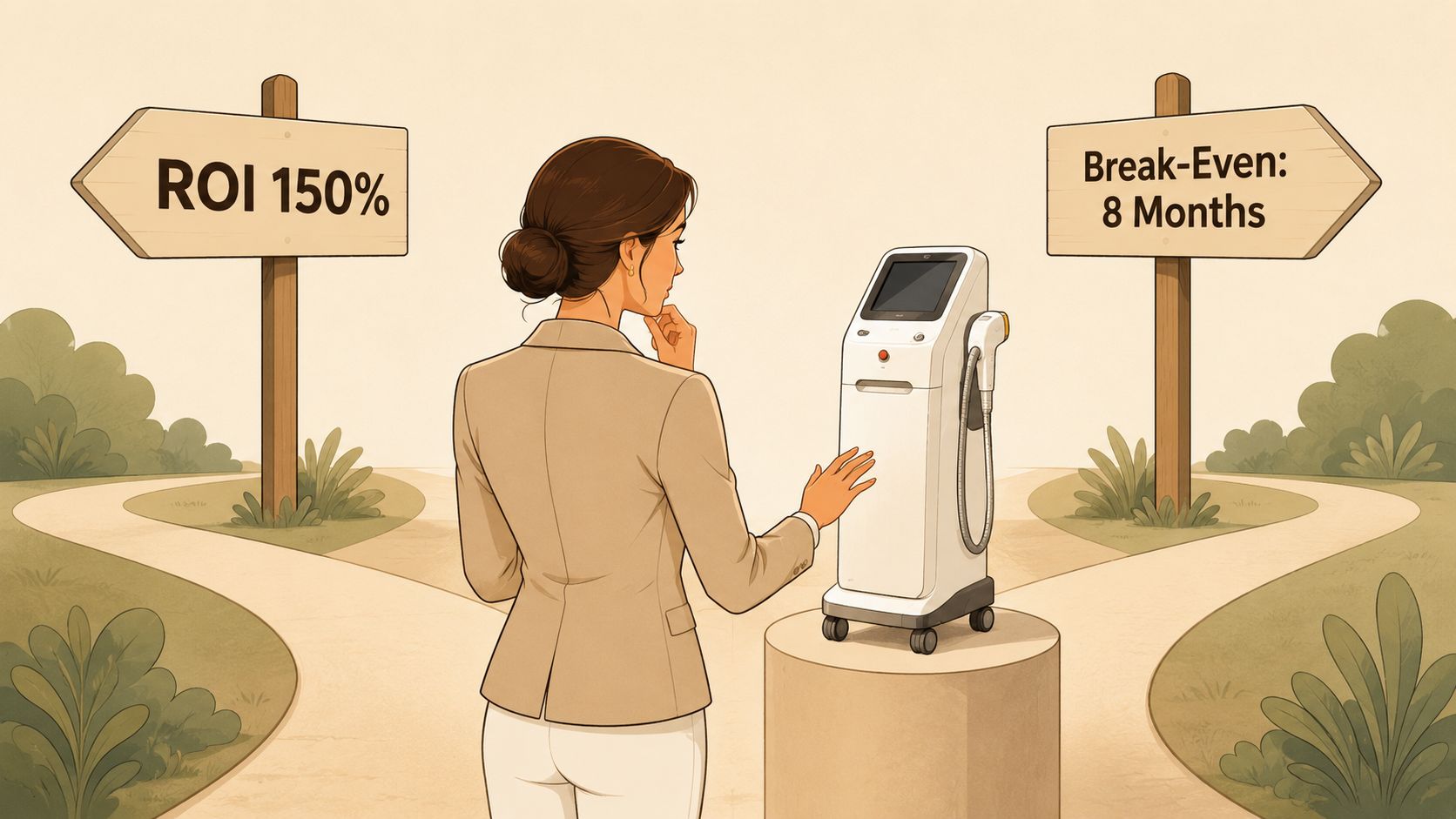 A professional woman considers a laser medical device, evaluating return on investment and break-even timelines.