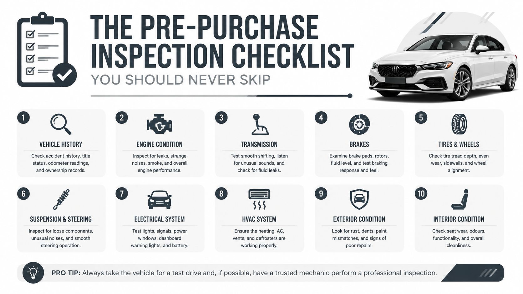 A comprehensive pre-purchase inspection checklist for used vehicles featuring ten essential items to check before buying.