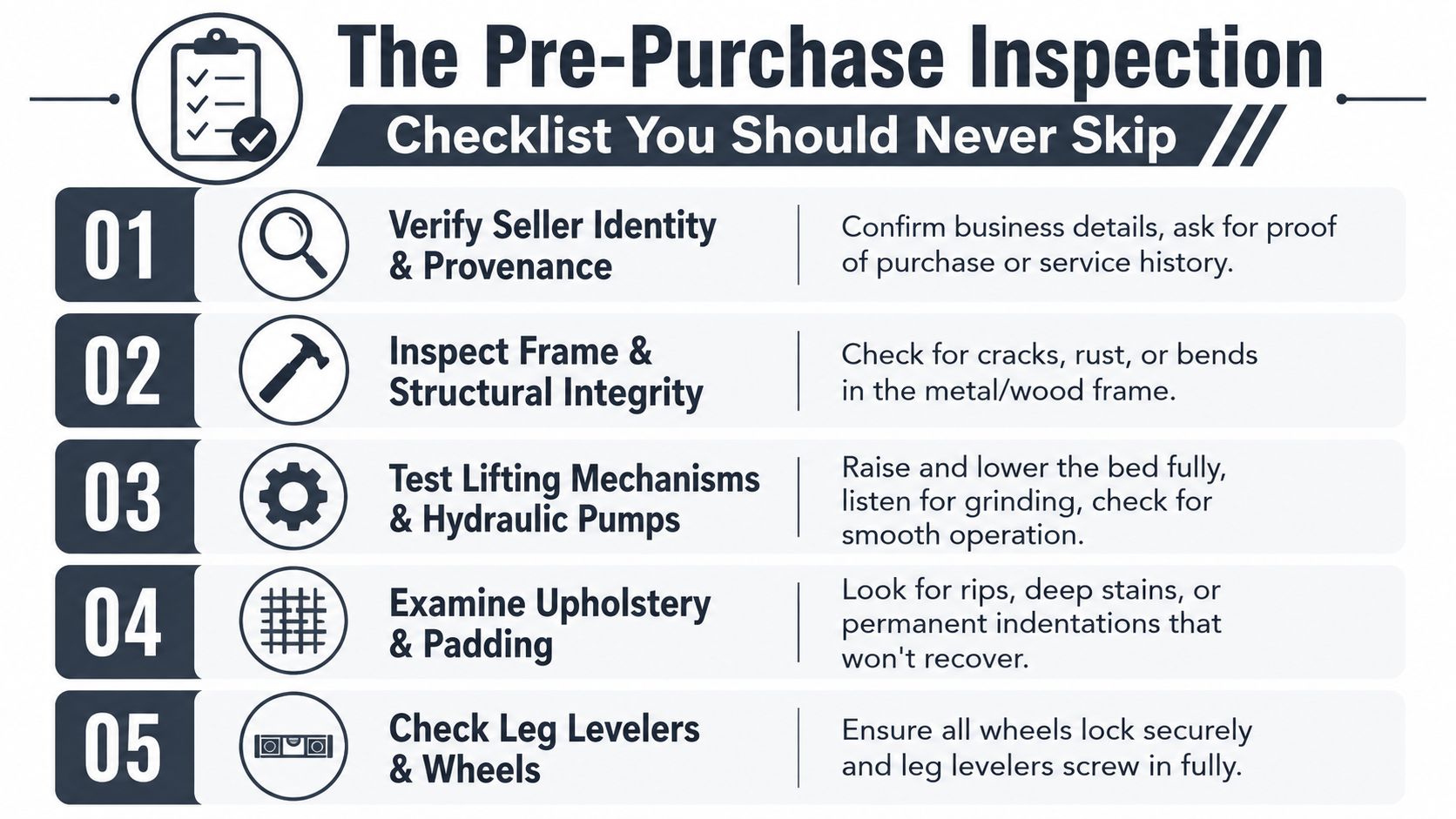A five-step pre-purchase inspection checklist infographic for evaluating used equipment like massage beds.