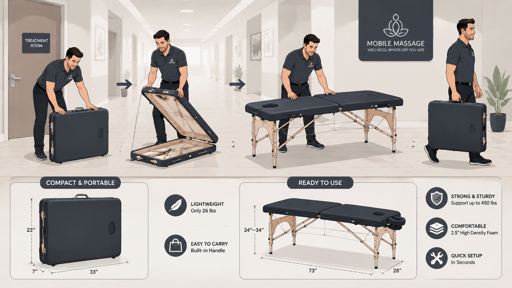 A mobile massage therapist demonstrates setting up a portable massage table which features lightweight and adjustable specifications.