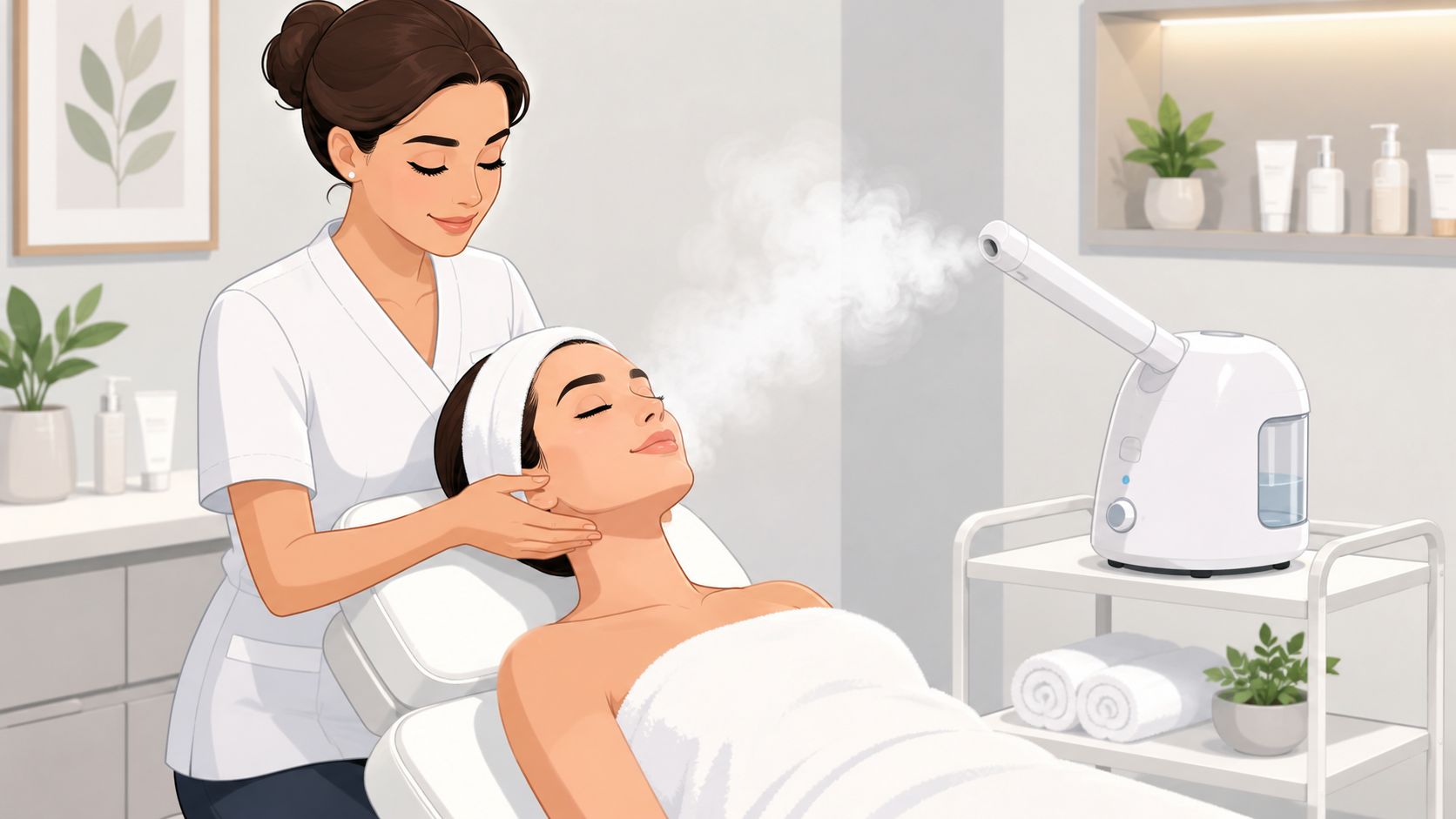 A professional aesthetician giving a facial treatment to a woman using a white steam face machine.