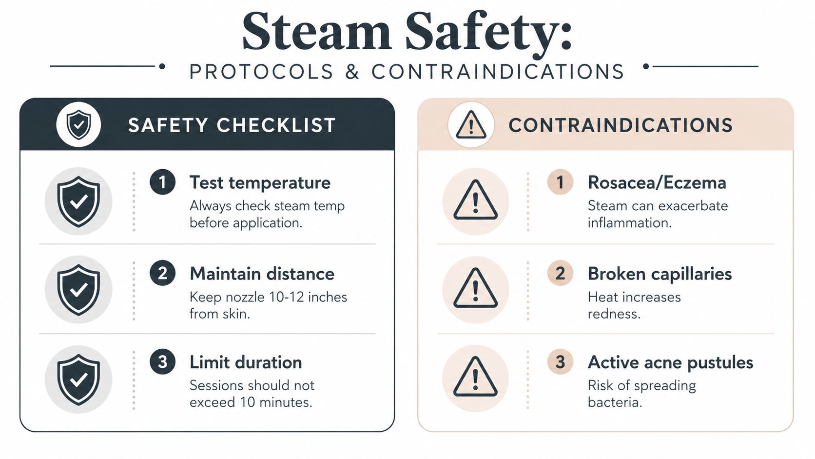 An infographic titled Steam Safety displaying essential protocols and contraindications for using a facial steam machine.