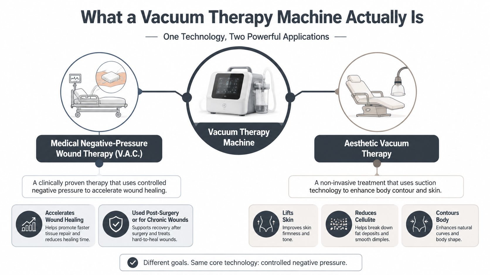 An infographic illustrating the two applications of a vacuum therapy machine for medical wounds and aesthetic treatments.