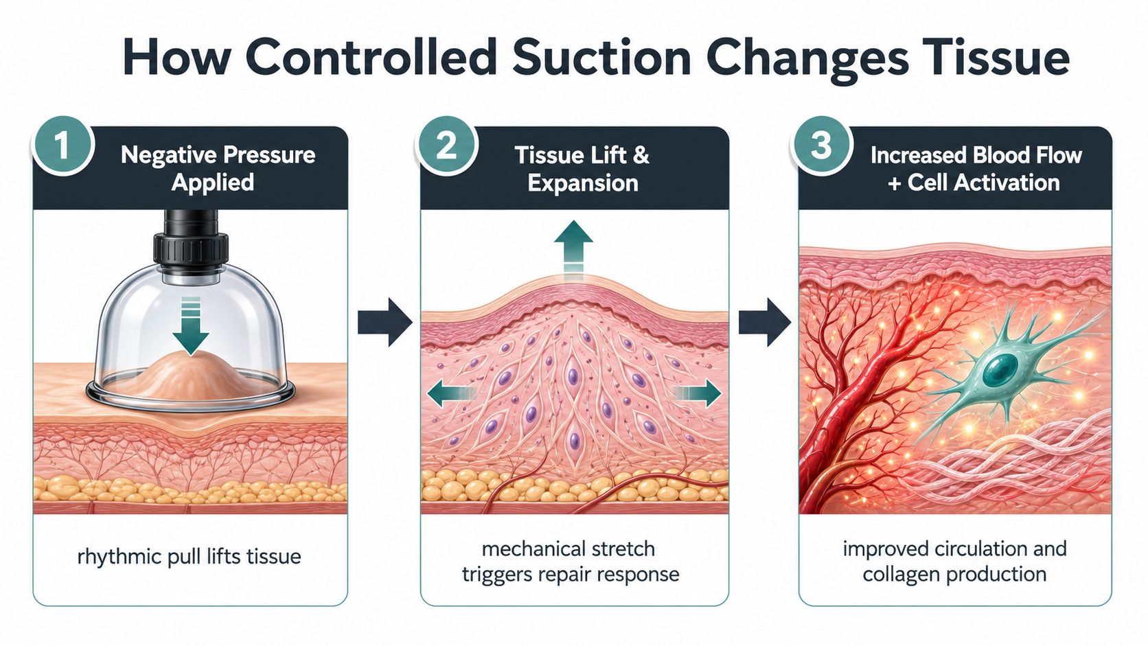 A diagram illustrating how controlled vacuum therapy suction lifts skin tissue to stimulate repair and blood circulation.